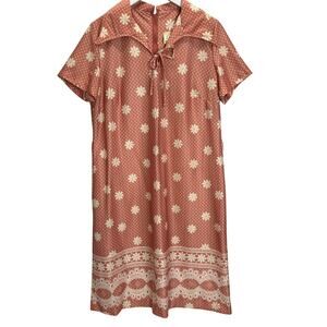 Vintage Three R's 70s House Dress Dusty Rose Pink Floral L Midi Short Sleeve